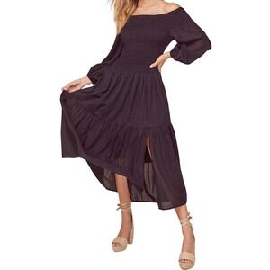 ASTR the Label Utopia Maxi Dress Women's XS Black‎ Off Shoulder Smocked Bodice